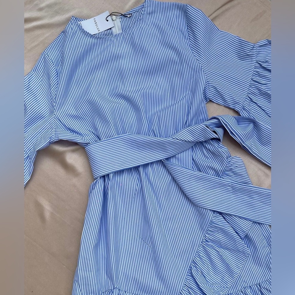 White Blue Striped Flounced Dress - Picture 2 of 2